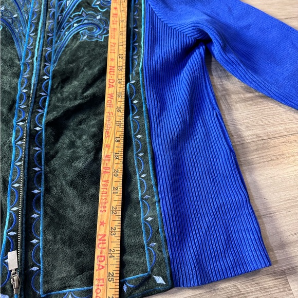Bob Mackie Women Wearable Art Suede Black Blue Embroidered Zip Knit Jacket Sz L - Picture 10 of 14